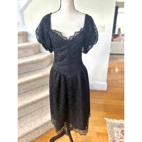 Vintage Black Lace Drop Waist Puffed Sleeve Dress Romantic Victorian Milk Maid - Picture 1 of 8
